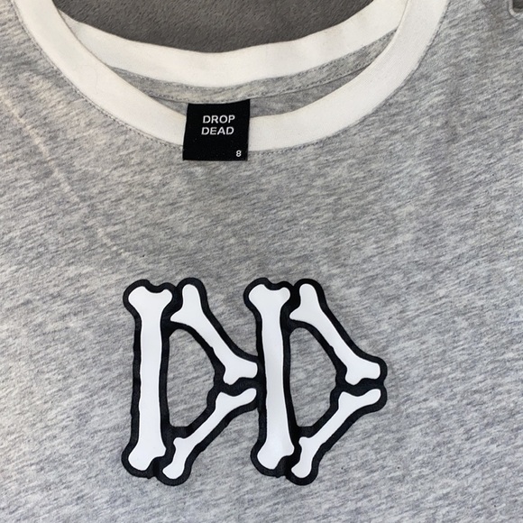 Drop Dead “DD” Bones Ringer Tee - Heather Grey - Size UK 8 (US 4) - Picture 2 of 4